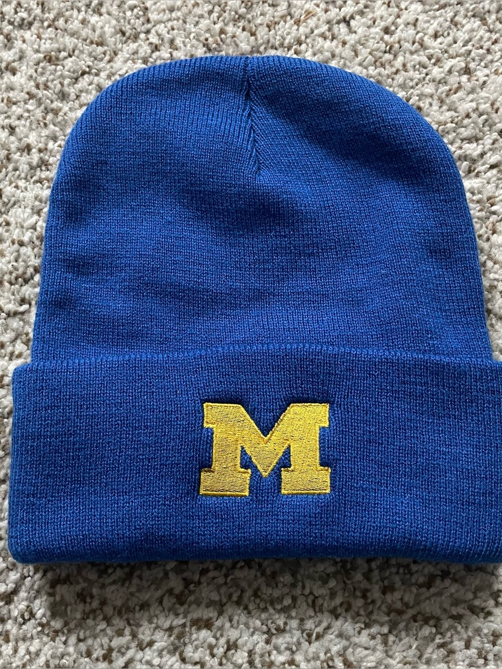 Blue Knit Cuffed Beanie with Yellow 'M' Emblem - Men's Hat